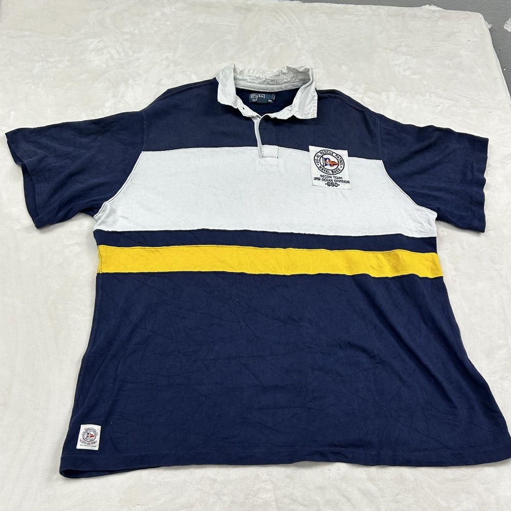 Polo Ralph Lauren Rugby Shirt Mens 2XLT Navy White Yellow Rescue Team Patch